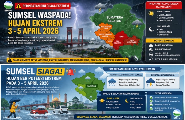 Peringatan Dini Cuaca, Sumsel Berpotensi Dilanda Hujan Ekstrem 3–5 April 2026, Ini Wilayah Paling Rawan