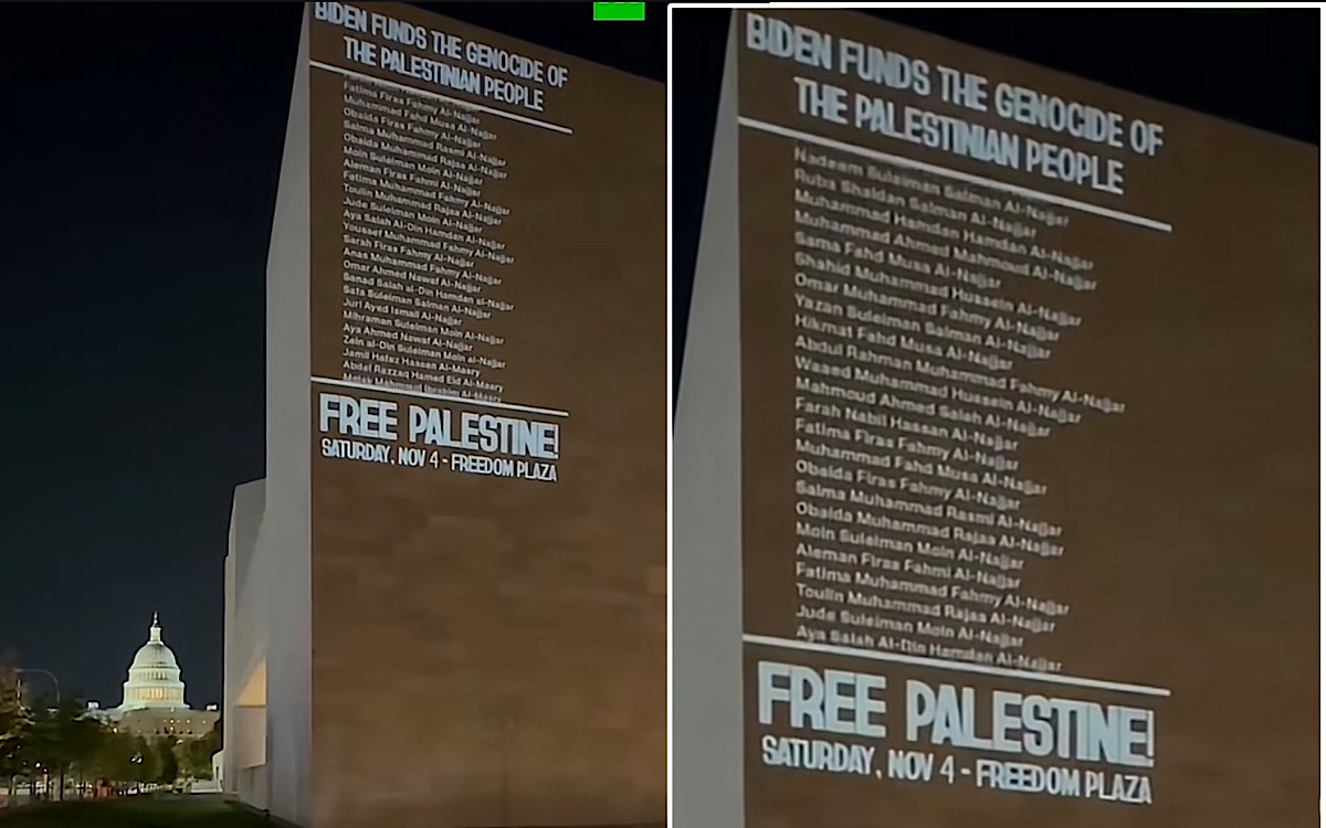 Aktivis Washington Bikin Billboard Projector Berisi Daftar Nama Korban di Palestina: Genosida Diongkosi Biden!