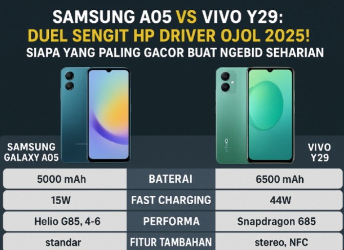 Samsung A05 vs Vivo Y29: Duel Sengit HP Driver Ojol 2025! Siapa yang Paling Gacor Buat Ngebid Seharian?