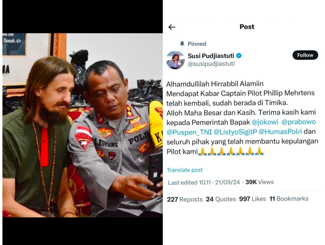 Kapten Pilot Susi Air Bebas Usai Disandera KKB Papua 18 Bulan, Susi Pujiastuti: Alhamdulillah