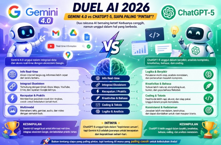 Duel AI 2026: Google Gemini 4.0 vs ChatGPT-5, Siapa Paling “Pintar”?