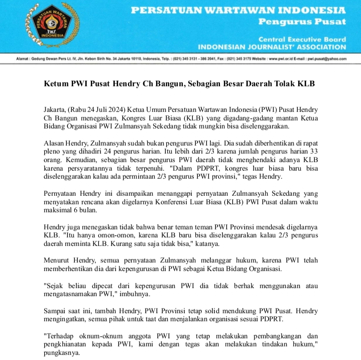 Mayoritas PWI Provinsi Solid Dukung HCB