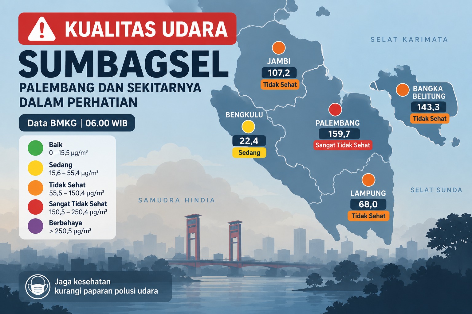 Pagi Ini, Udara Palembang Memburuk, PM2.5 Musi 2 Tembus 159,7 dan Masuk Kategori Sangat Tidak Sehat