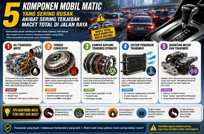 5 Komponen Mobil Matic yang Sering Rusak Akibat Sering Terjebak Macet Total