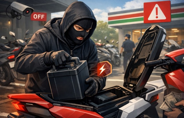 Waspada! Modus Baru Pencurian Baterai Motor Listrik di Parkiran Umum Tanpa Merusak Bodi