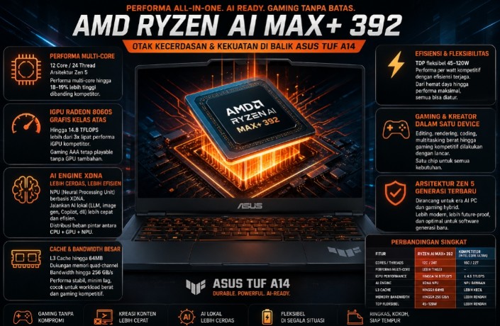 Prosesor AMD Ryzen AI Max+ 392 di Asus TUF A14 Tawarkan Performa Monster di Kelasnya