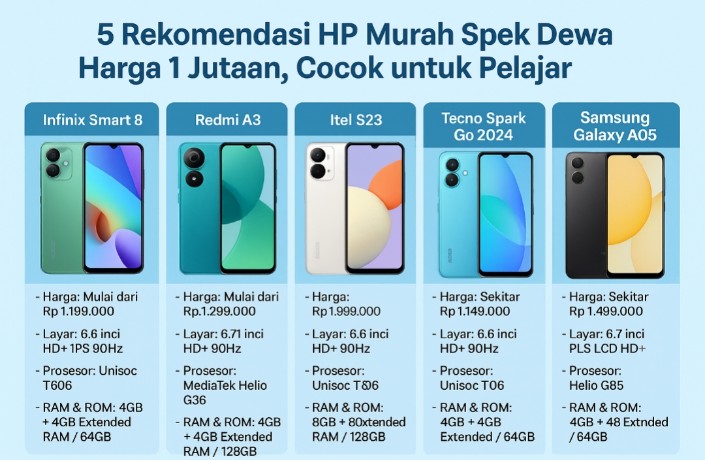 Cocok Untuk Pelajar, Inilah 5 Rekomendasi HP Murah Spek Dewa Harga 1 Jutaan