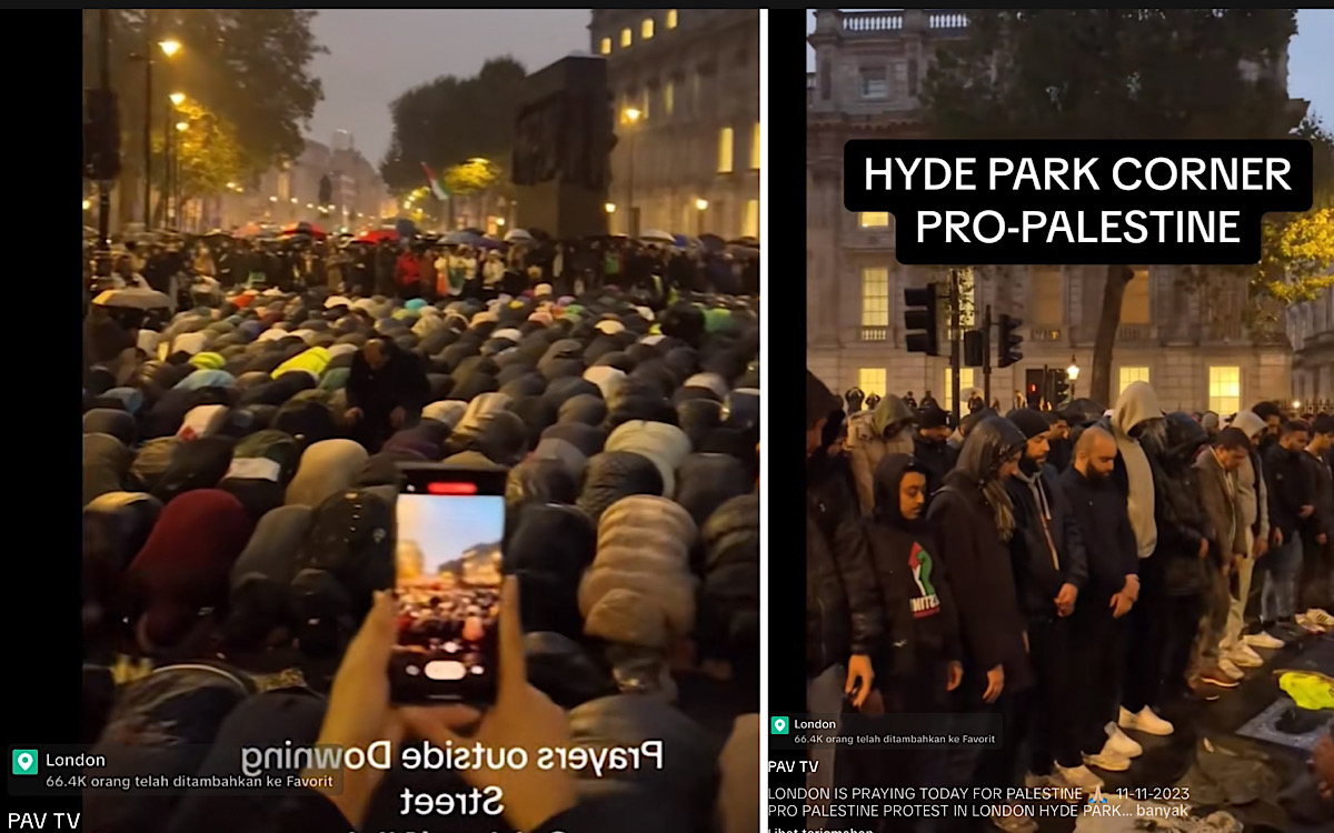 Sejuk Pemandangan Aksi Pro Palestina di London Hyde Park Corner, yang Muslim Salat Non Muslim Menghormati