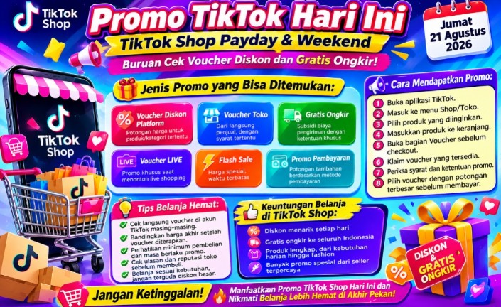 Promo TikTok Hari Ini, Jumat 21 Agustus 2026: Buruan Cek Voucher Diskon dan Gratis Ongkir