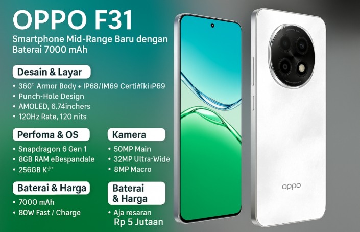 Oppo F31, Smartphone Mid-Range Baru Siap Meluncur Ditenagai Baterai Jumbo 7.000 mAh