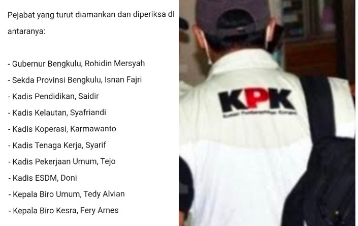 Beredar Daftar Nama-Nama Pejabat di Lingkungan Pemprov yang Turut Terjaring OTT KPK di Bengkulu