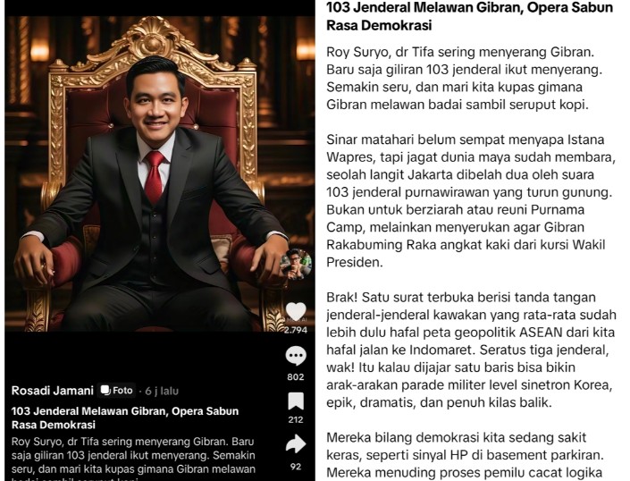 Isu Pemakzulan Gibran Rakabuming Makin Memanas, Konten Kreator Rosadi Jamani Turut Bersuara