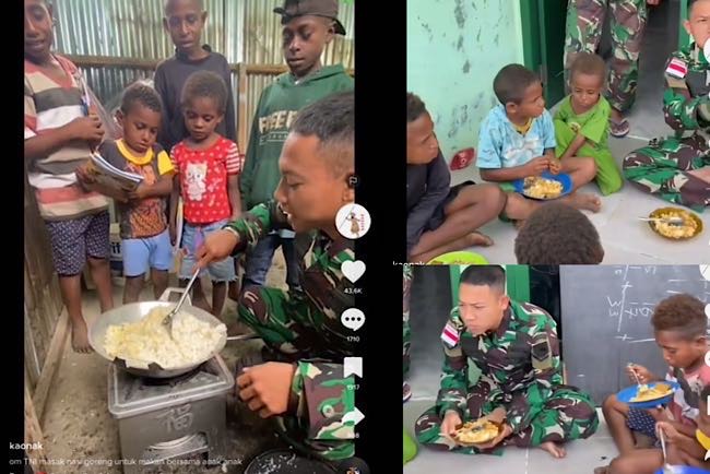 Adem Banget!…TNI Masak Nasi Goreng, Makan Bersama Anak-anak Papua: Sayangi Mereka Agar Besar Tak Terhasut KKB 