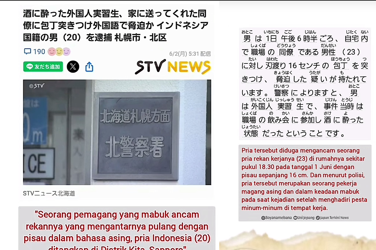 Pemagang WNI Ancam Teman Pakai Pisau Usai Mabuk Bersama di Sapporo Jepang