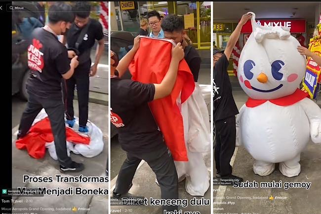 WAW! Proses Transformasi Boneka di Waralaba Ice Cream Mixue, Bravo Pejuang Rupiah, Netizen: Gimana Napasnya! 