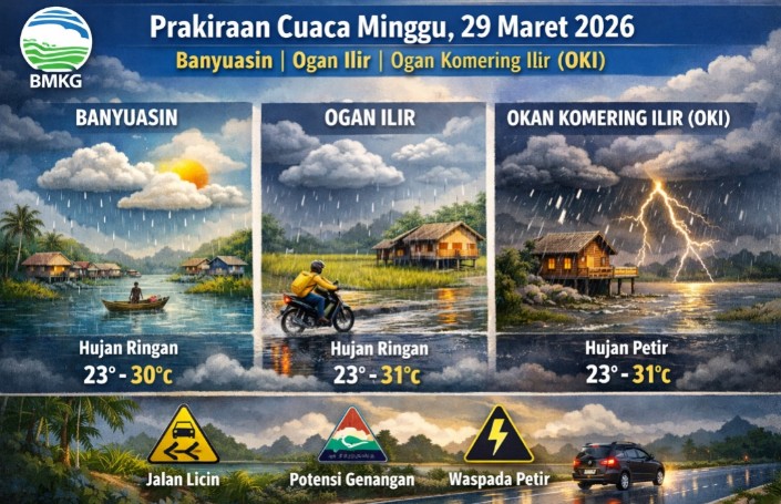 BMKG Rilis Prakiraan Cuaca Minggu 29 Maret 2026: Banyuasin, Ogan Ilir, dan OKI Berpotensi Diguyur Hujan