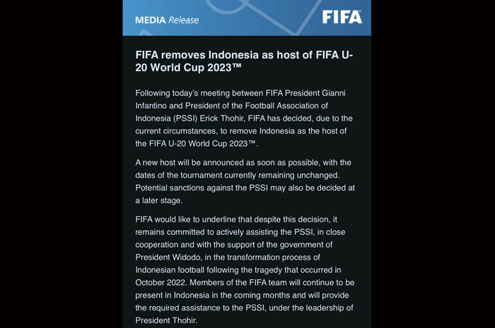 FIFA Resmi Coret Indonesia dari Tuan Rumah Piala Dunia U-20