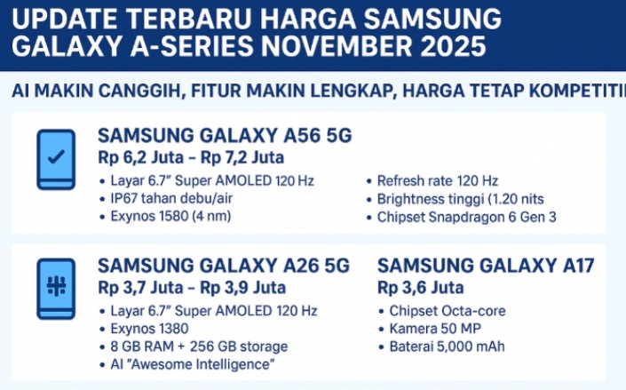 Update Terbaru Harga Samsung Galaxy A-Series November 2025: AI Makin Canggih, Fitur Lengkap, Harga Kompetitif