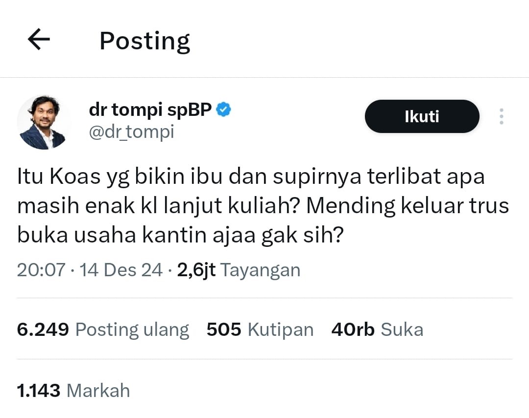 'Buka Usaha Kantin Aja' Itu Saran dr Tompi ke Koas yang Bikin Supir Pukuli Chief Dokter Koas di Palembang 