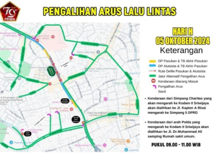 HUT TNI ke-79, Jalan Sudirman Palembang Bakal Ditutup 3 Hari, Catat Waktu dan Lokasi Pengalihan Arus