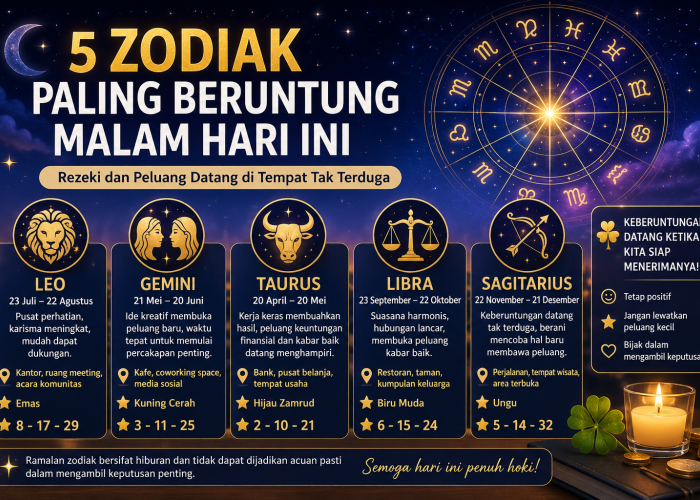 5 Zodiak Paling Beruntung Malam Hari Ini, Rezeki dan Peluang Datang di Tempat Tak Terduga