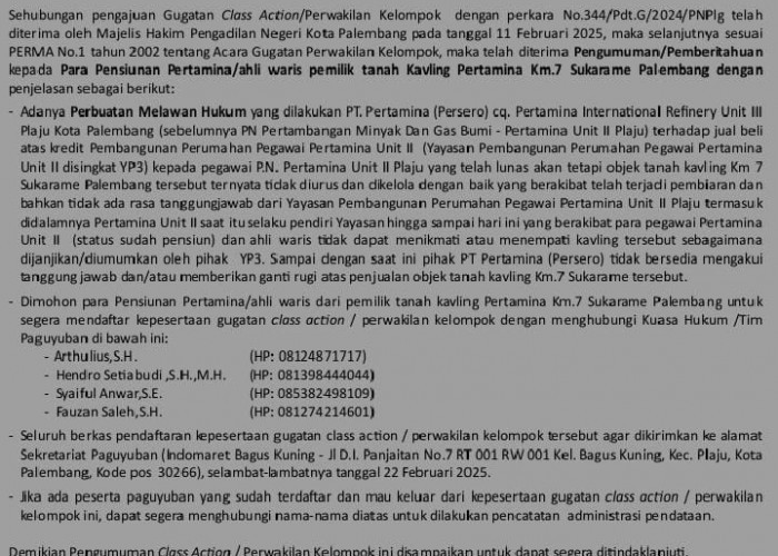 PN Palembang Terima Gugatan Class Action oleh Paguyuban Putra Putri Pensiunan Pertamina Unit II Plaju