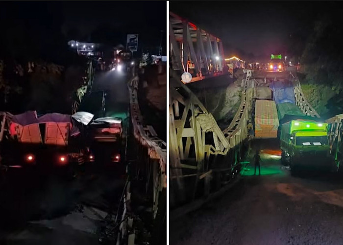 Jembatan Muara Lawai Lahat-Muara Enim Ambruk 4 Truk Batubara Nyungsep, 1 Sopir Terjepit 