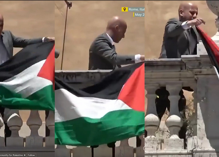 Stefano Apuzzo Politisi Mantan Parlemen Italia Kibarkan Bendera Palestina di Balkon Gedung Dewan Italia