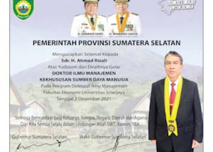 Pemerintah Provinsi Sumatera Selatan Mengucapkan Selamat kepada H Ahmad Rizali