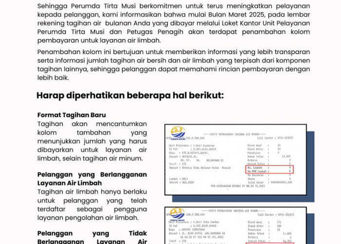 Warga Palembang Jangan Kaget, Setor Tagihan Perumda Tirta Musi Ada Penambahan Kolom Tagihan Air Limbah 