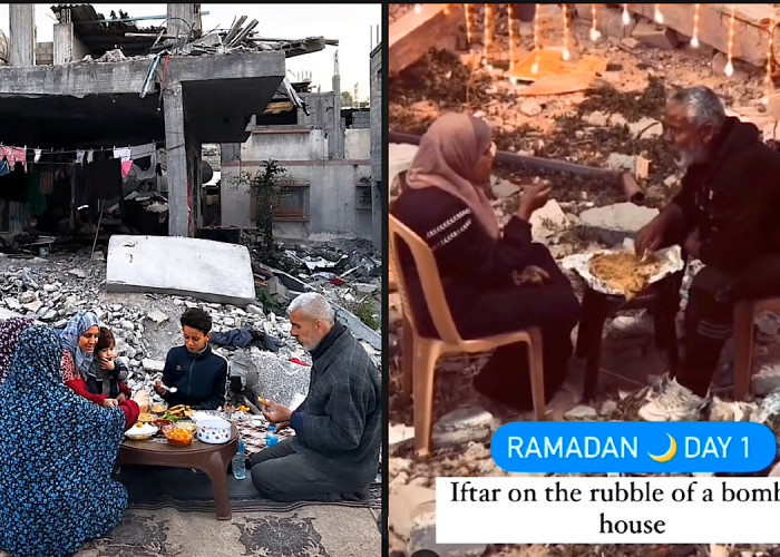 Foto-foto Warga Palestina Buka Puasa Ditengah Puing Bangunan Rumah Hancur Terkena Bom