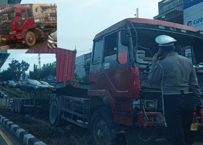 Truk Kontainer Tabrak Median di KM 5 Palembang Pukul 05.00 WIB, Jalan Kolonel H. Burlian Macet hingga KM 9