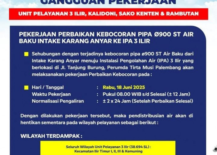 Waspada 2 Hari Air Bersih Tak Mengalir ke Rumah Warga, Perumda Tirta Musi Palembang Perbaiki Pipa Induk