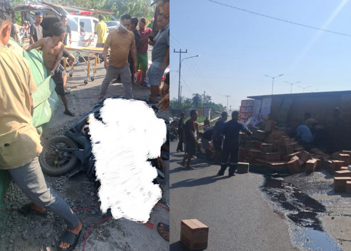 Truk Sarat Muatan Mie Instan Terbalik, Menimpa Pasutri Bermotor di Dekat Flyover Gelumbang, Kondisinya?