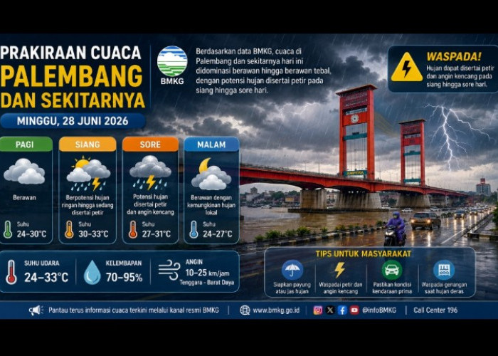 Simak Prakiraan Cuaca Lengkap BMKG Kota Palembang dan Sekitarnya Hari Ini, Waspada Hujan di Sore Hari