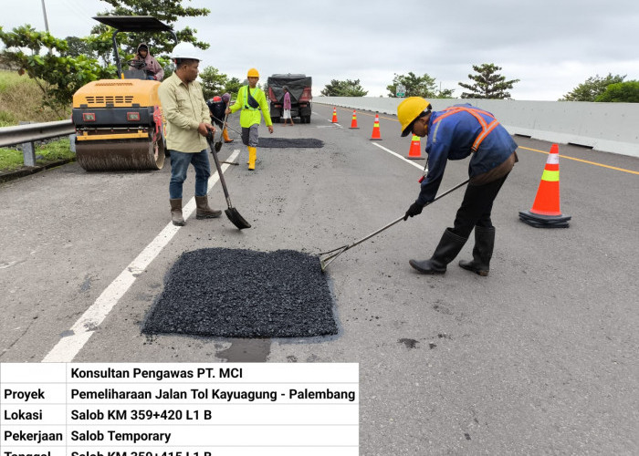 Perbaikan Jalan Berlubang di Ruas Tol Kayuagung-Palembang H-7 Selesai