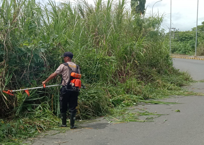 Cegah Lakalantas, Personel Polsek Jejawi Bersihkan Ilalang yang Tutupi Akses Jalan 