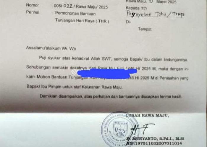 Lurah Rawa Maju Minta THR ke Paguyuban Tahu Tempe, Pakai Kop Berlogo Pemkab Banyuasin