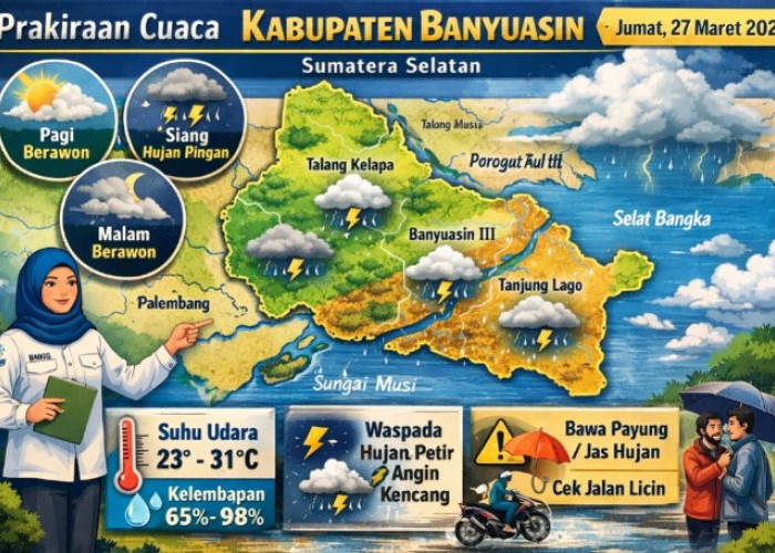 Banyuasin Didominasi Awan, Hujan Ringan Mengintai Siang Hari Jumat 27 Maret 2026