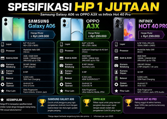 Adu Spesifikasi HP 1 Jutaan: Samsung Galaxy A06, OPPO A3X dan Infinix Hot 40 Pro 