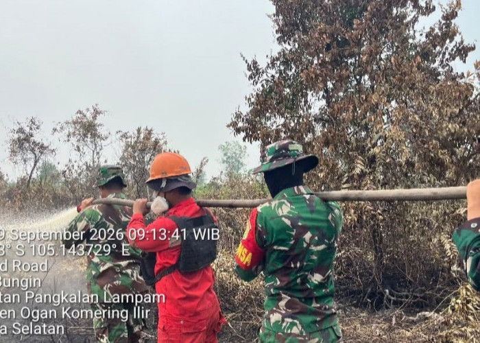 Lahan Gambut Terbakar di Sungai Bungin Dipadamkan Anggota Koramil Pampangan Bersama Satgas Yonif TP 949
