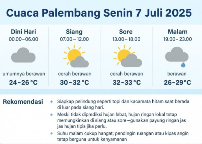 Prakiraan Cuaca Palembang Senin 7 Juli 2025, Cerah Berawan Seharian Suhu Tembus 33 Derajat