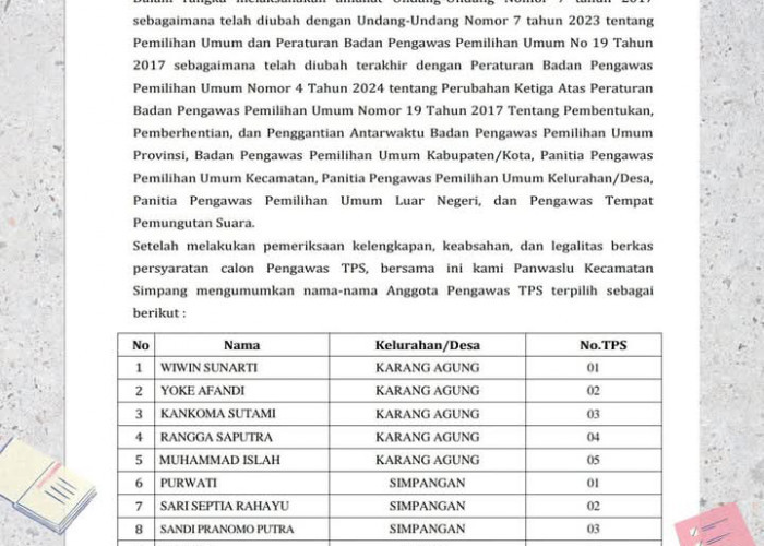 Pengumuman Hasil Seleksi Pengawas TPS Terpilih Panwaslu Kecamatan Simpang