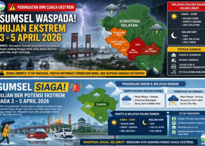 Peringatan Dini Cuaca, Sumsel Berpotensi Dilanda Hujan Ekstrem 3–5 April 2026, Ini Wilayah Paling Rawan