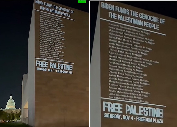 Aktivis Washington Bikin Billboard Projector Berisi Daftar Nama Korban di Palestina: Genosida Diongkosi Biden!