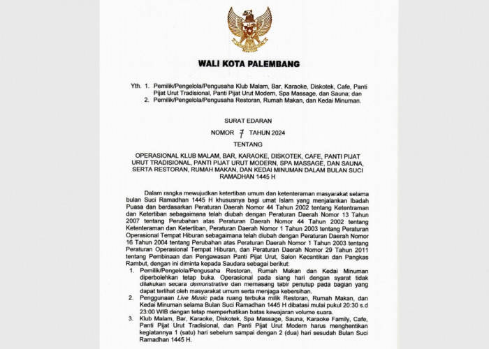 Pj Wali Kota Palembang Keluarkan Surat Edaran Larangan THM Buka Selama Ramadan, Begini Isinya