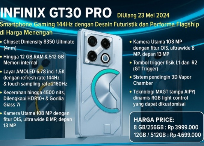 Infinix GT30 Pro, Smartphone Gaming 144Hz Desain Futuristik dan Performa Flagship