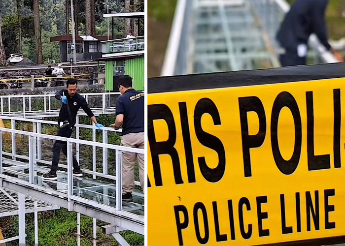 Polisi Ekstra Hati-hati Saat Olah TKP di Jembatan Kaca Limpakuwus Banyumas yang Pecah dan Makan Korban Jiwa  
