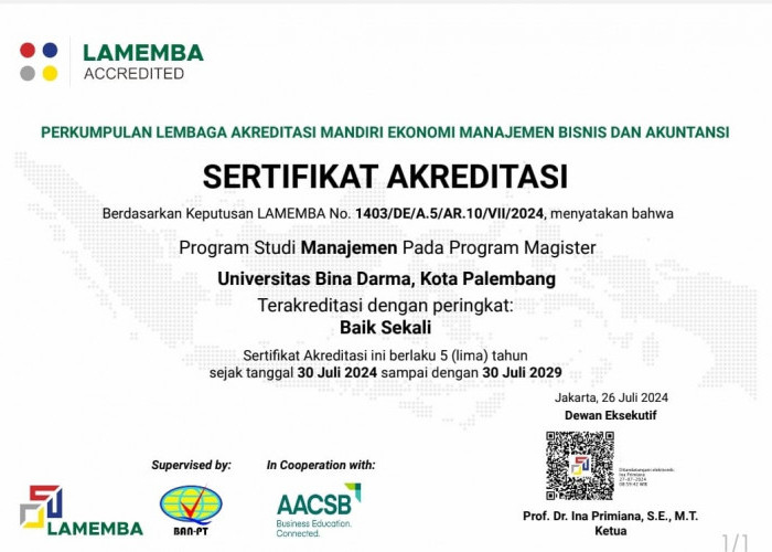 Program Studi Manajemen S2 Universitas Bina Darma Raih Akreditasi 'Baik Sekali'