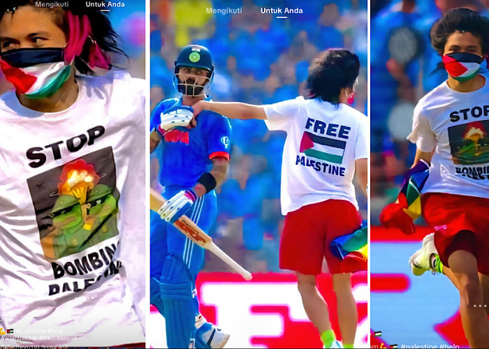 Pria Pemberani Masuk Lapangan, Stop Piala Dunia Kriket di Narendra Modi India, Kenakan Kaos Palestina Merdeka 